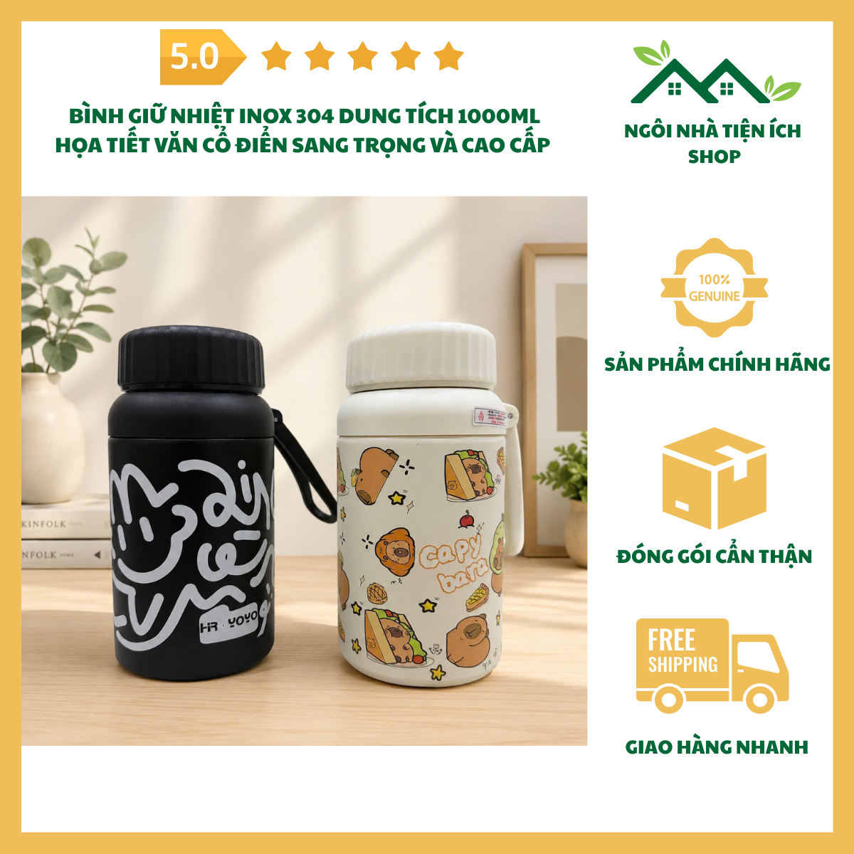 ngoinhatienich Bình Giữ Nhiệt Inox 304 Dung Tích 1000ml Họa Tiết Văn Cổ Điển Sang Trọng Giữ Nóng Giữ Lạnh 6 Đến 8 Giờ