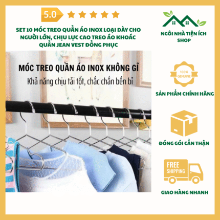 Set 10 Móc Treo Quần Áo Inox Loại Dày Cho Người Lớn Chịu Lực Cao Treo Áo Khoác Quần Jean Vest Đồng Phục Inox Sáng Bóng Bền Đẹp Không Gỉ Sét Sử Dụng Lâu Dài