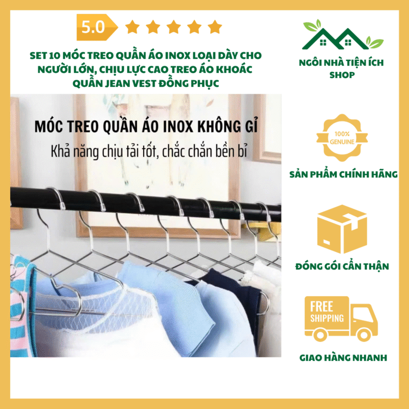 Set 10 Móc Treo Quần Áo Inox Loại Dày Cho Người Lớn Chịu Lực Cao Treo Áo Khoác Quần Jean Vest Đồng Phục Inox Sáng Bóng Bền Đẹp Không Gỉ Sét Sử Dụng Lâu Dài