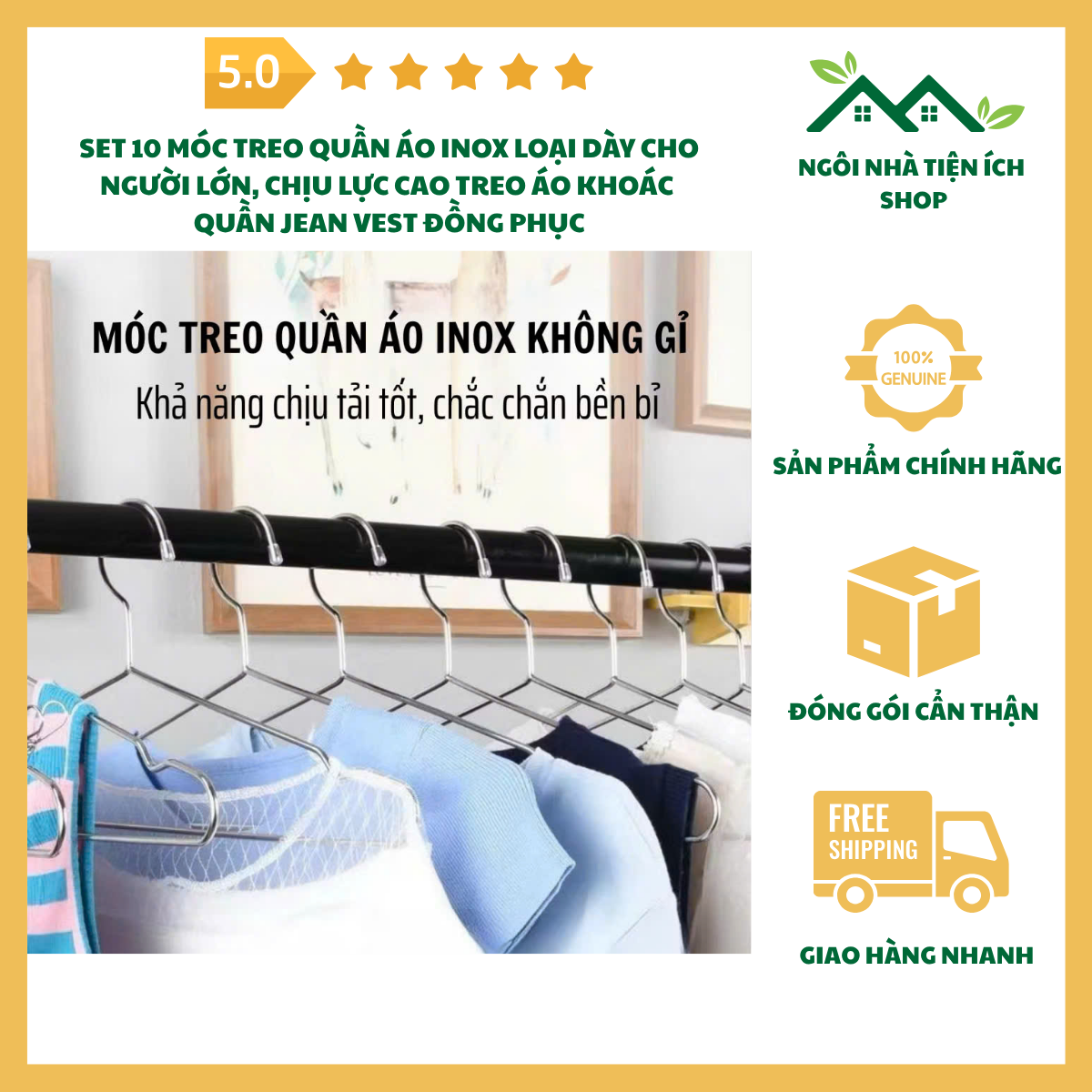 ngoinhatienich Set 10 Móc Treo Quần Áo Inox Loại Dày Cho Người Lớn Chịu Lực Cao Treo Áo Khoác Quần Jean Vest Đồng Phục Inox Sáng Bóng Bền Đẹp Không Gỉ Sét Sử Dụng Lâu Dài