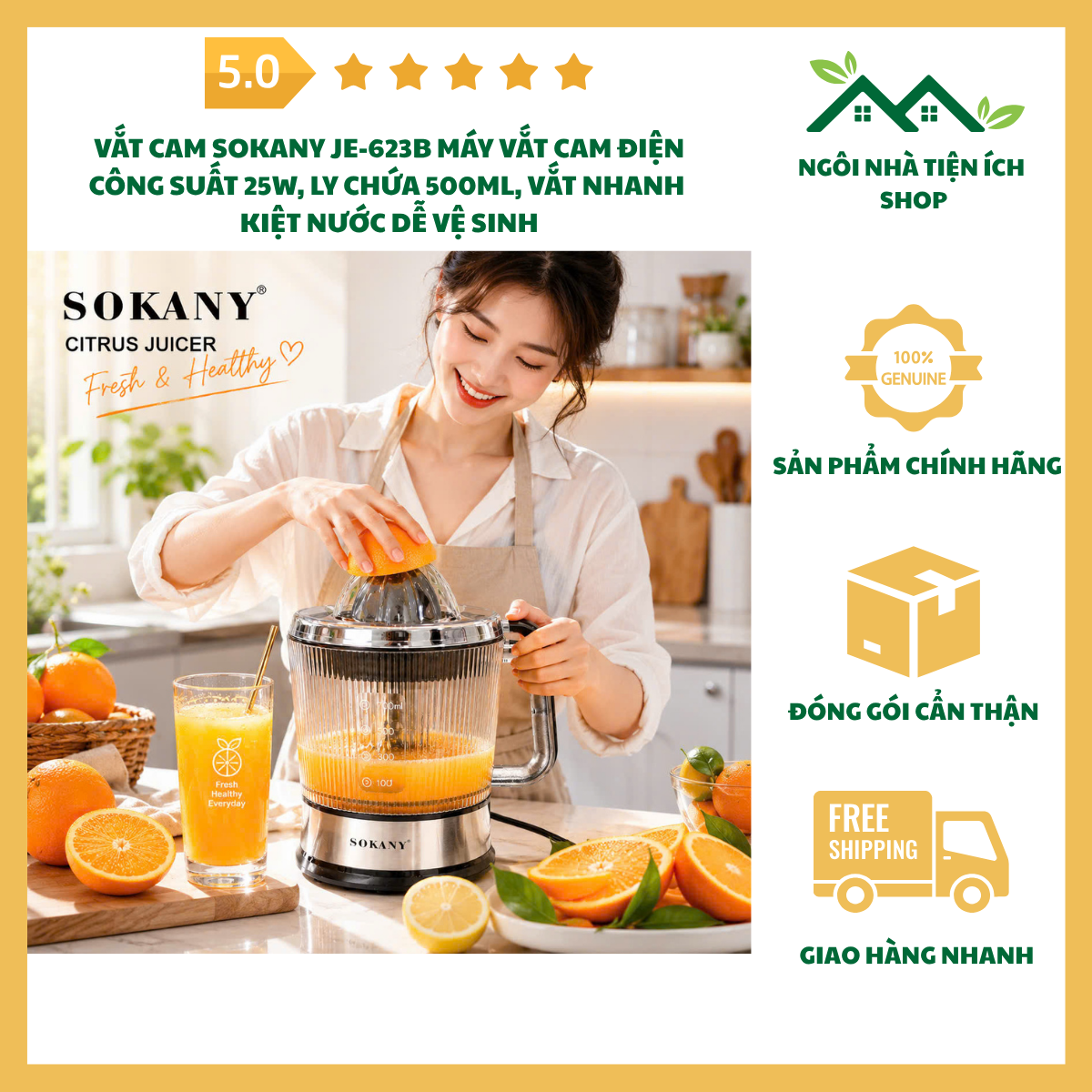 ngoinhatienich Vắt Cam SoKany JE 623B Máy Vắt Cam Điện 25W Ly Chứa 500ml Vắt Nhanh Kiệt Nước Dễ Vệ Sinh Cho Gia Đình