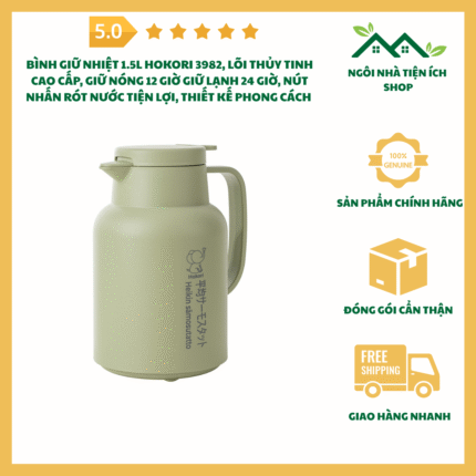 Bình Giữ Nhiệt 1.5L Hokori 3982 Lõi Thủy Tinh Cao Cấp Giữ Nóng 12 Giờ Giữ Lạnh 24 Giờ Thiết Kế Phong Cách Nhật Bản Sang Trọng