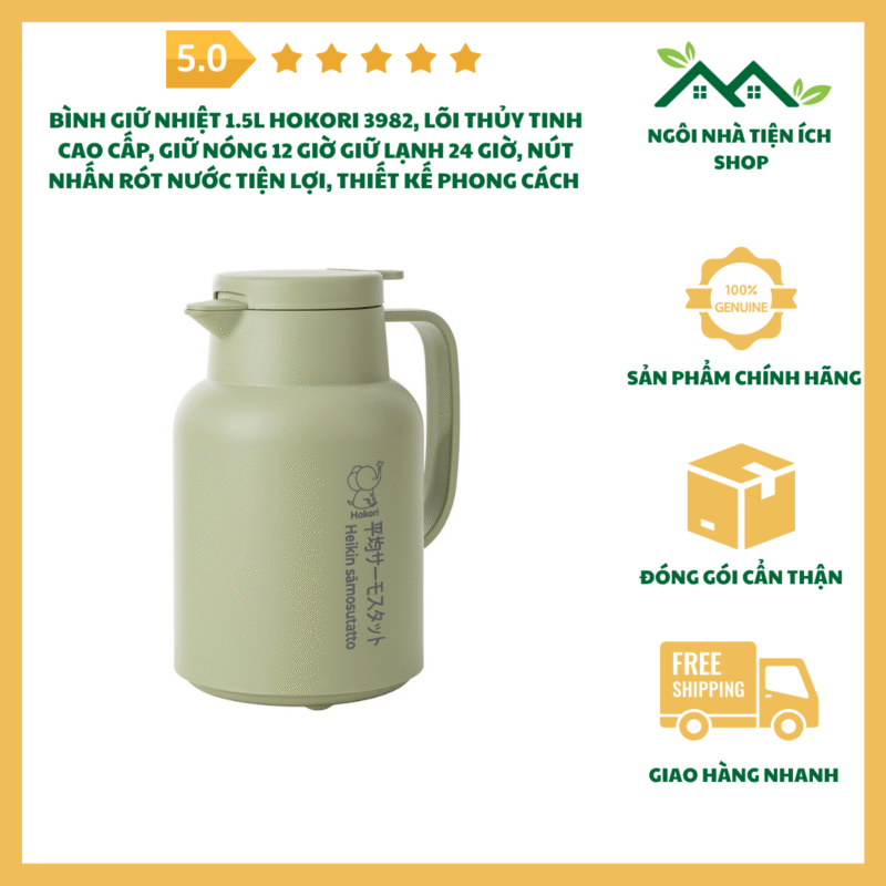 Bình Giữ Nhiệt 1.5L Hokori 3982 Lõi Thủy Tinh Cao Cấp Giữ Nóng 12 Giờ Giữ Lạnh 24 Giờ Thiết Kế Phong Cách Nhật Bản Sang Trọng