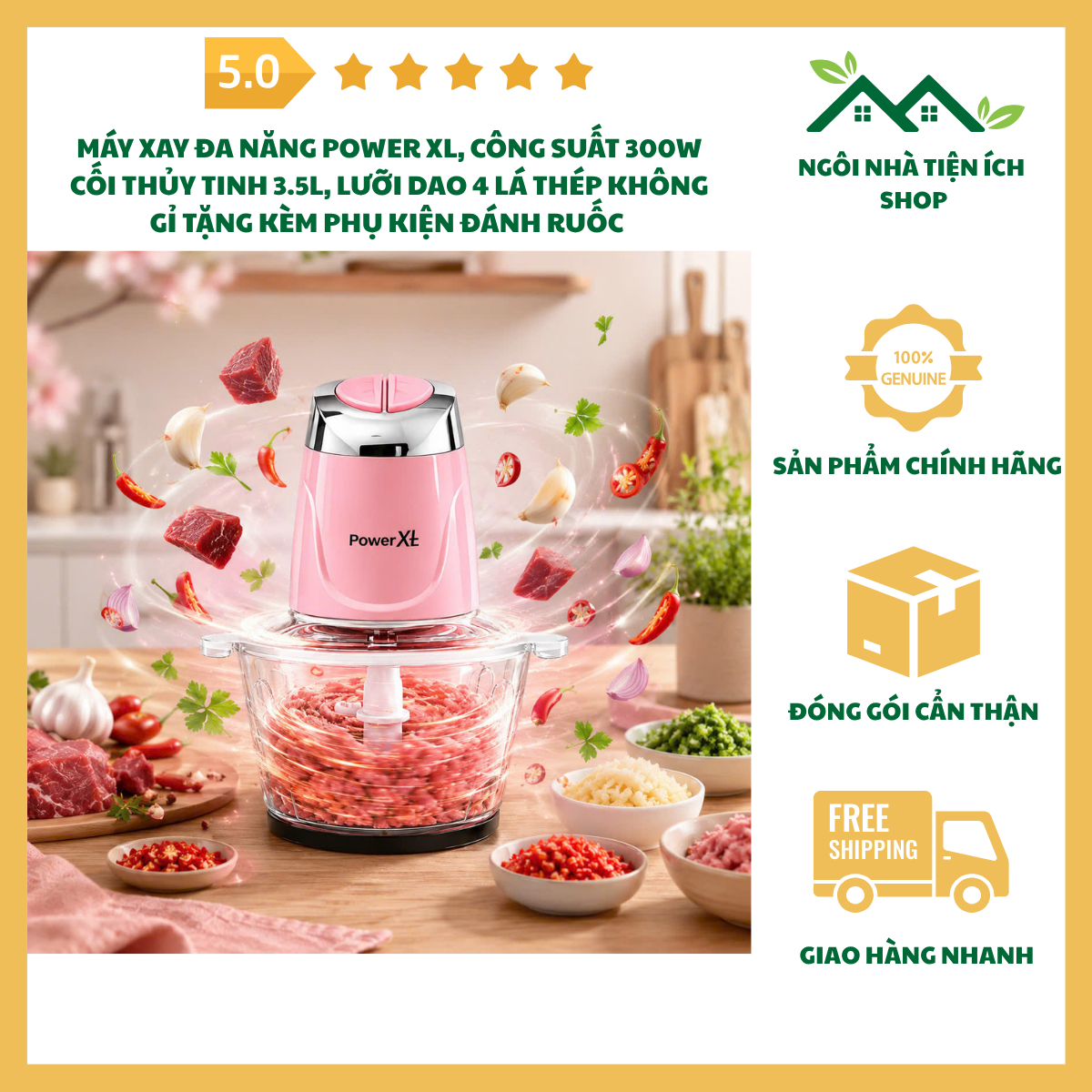 ngoinhatienich Máy Xay Đa Năng Power XL Cối Thủy Tinh 3.5L Công Suất 300W Lưỡi Dao 4 Lá Thép Không Gỉ Tặng Kèm Phụ Kiện Đánh Ruốc