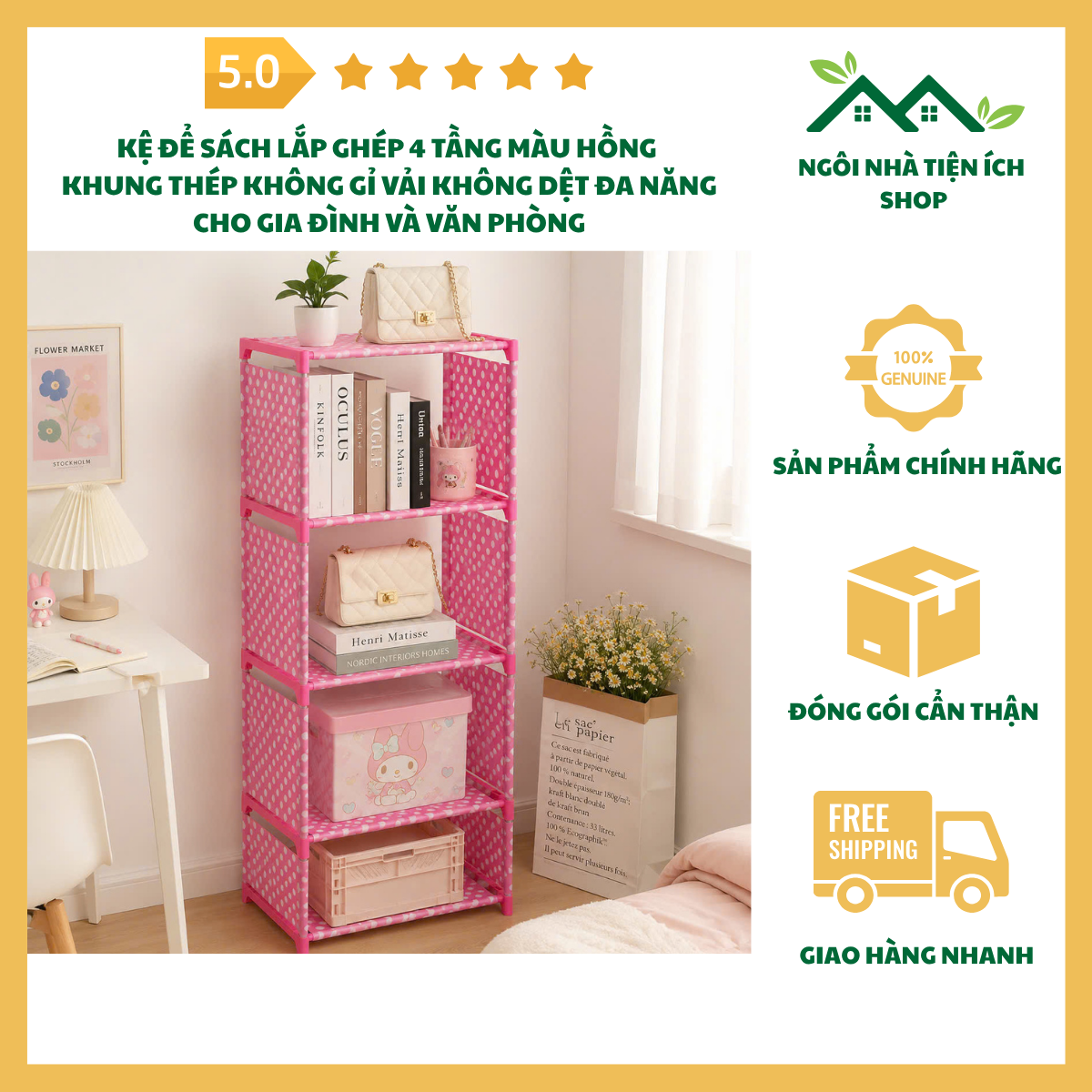 ngoinhatienich Kệ Để Sách Lắp Ghép 4 Tầng Màu Hồng Khung Thép Không Gỉ Vải Không Dệt Đa Năng Cho Gia Đình Và Văn Phòng