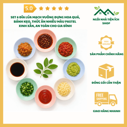 Set 8 Đĩa Lúa Mạch Vuông Đựng Hoa Quả, Bánh Kẹo, Thức Ăn Nhiều Màu Pastel Xinh Xắn, An Toàn Cho Gia Đình, Dùng Được Trong Lò Vi Sóng