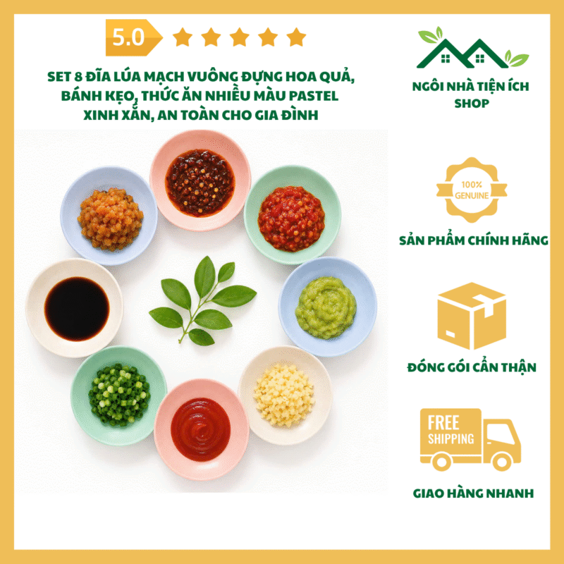 Set 8 Đĩa Lúa Mạch Vuông Đựng Hoa Quả, Bánh Kẹo, Thức Ăn Nhiều Màu Pastel Xinh Xắn, An Toàn Cho Gia Đình, Dùng Được Trong Lò Vi Sóng