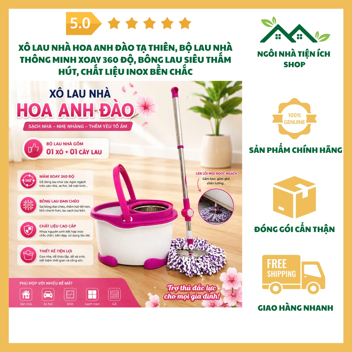 ngoinhatienich Xô Lau Nhà Hoa Anh Đào Tạ Thiên Bộ Lau Nhà Thông Minh Xoay 360 Độ Bền Chắc Thấm Hút Tốt