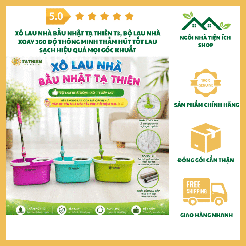 Xô Lau Nhà Bầu Nhật Tạ Thiên T3 Bộ Lau Nhà Xoay 360 Độ Thông Minh Thấm Hút Tốt Bền Đẹp Cho Gia Đình