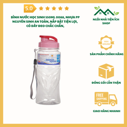 Bình Nước Học Sinh 550ml 0088 Nhựa PP Nguyên Sinh An Toàn Có Dây Đeo Tiện Lợi