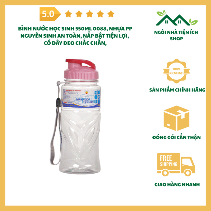 Bình Nước Học Sinh 550ml 0088 Nhựa PP Nguyên Sinh An Toàn Có Dây Đeo Tiện Lợi
