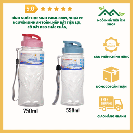 Bình Nước Học Sinh 750ml 0089 Nhựa PP Nguyên Sinh An Toàn Có Dây Đeo Tiện Lợi