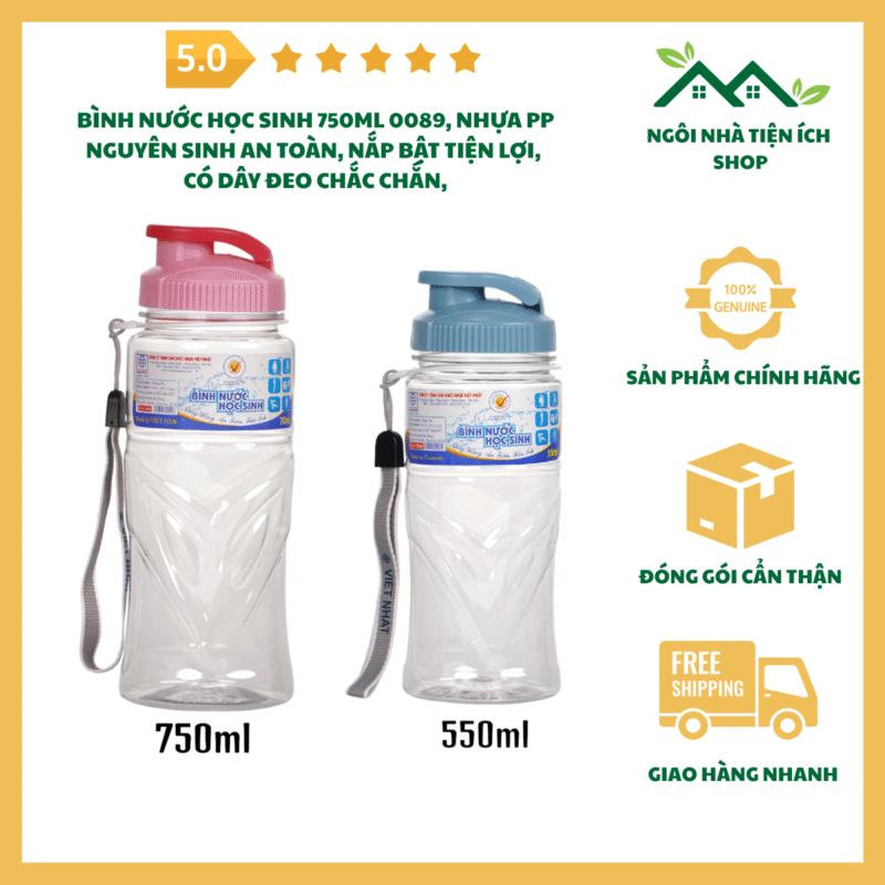 Bình Nước Học Sinh 750ml 0089 Nhựa PP Nguyên Sinh An Toàn Có Dây Đeo Tiện Lợi