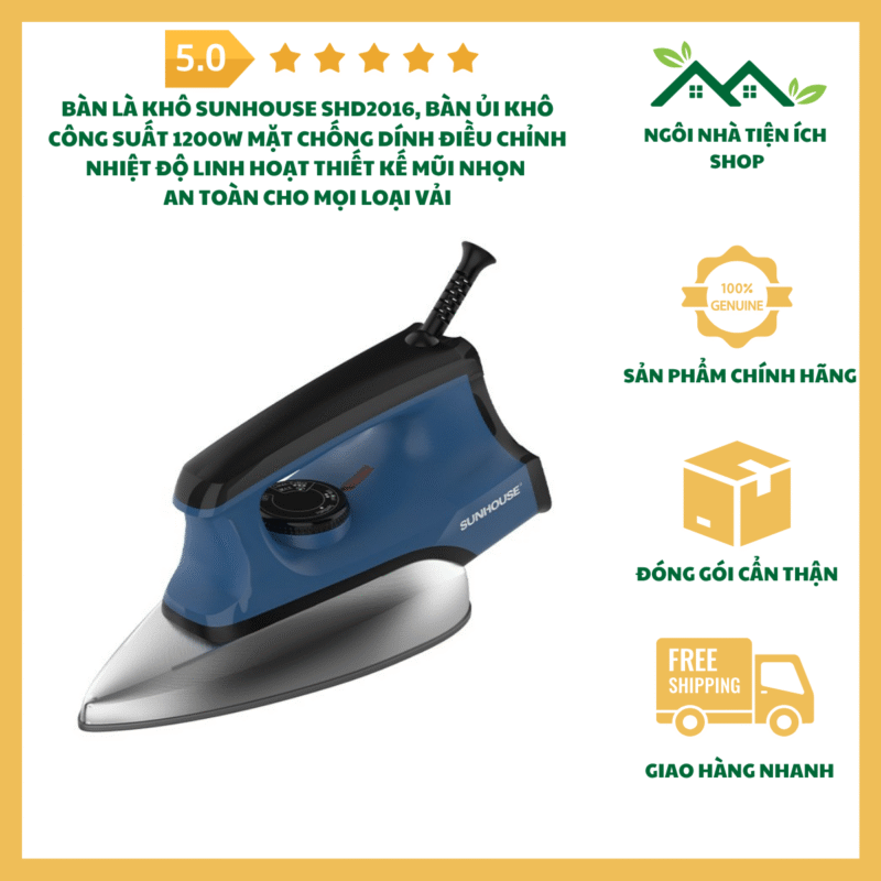 Bàn Là Khô Sunhouse SHD2016 Công Suất 1200W Mặt Chống Dính Điều Chỉnh Nhiệt Độ Linh Hoạt Thiết Kế Mũi Nhọn An Toàn