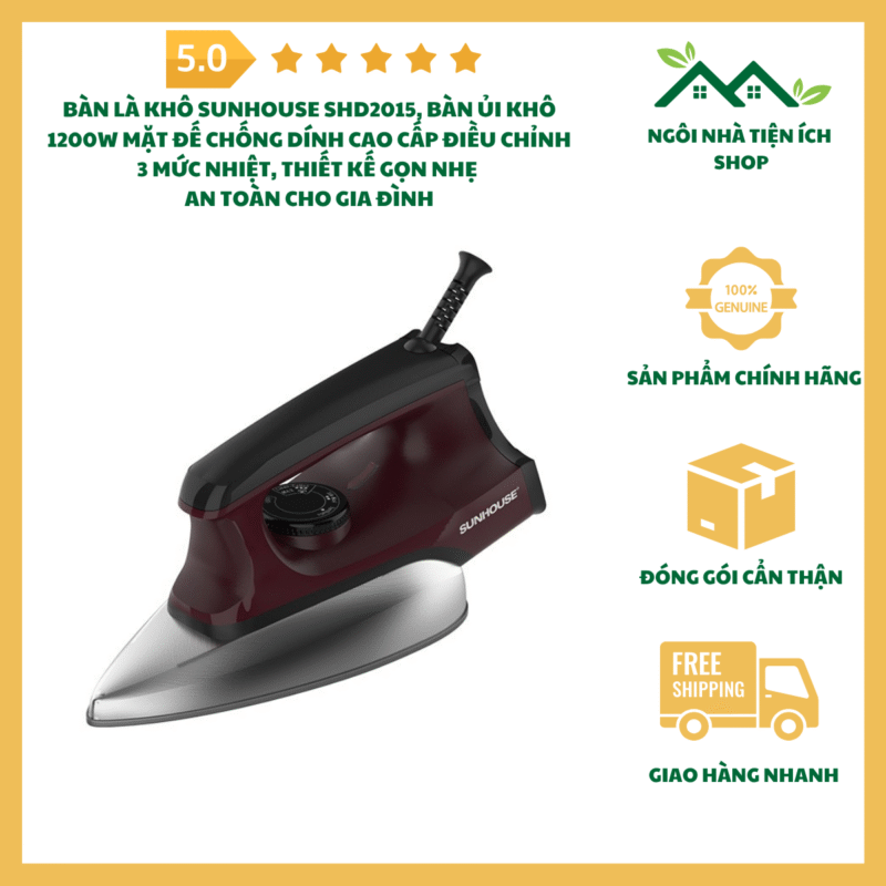 Bàn Là Khô Sunhouse SHD2015 Công Suất 1200W Mặt Đế Chống Dính Điều Chỉnh Ba Mức Nhiệt Thiết Kế Gọn Nhẹ