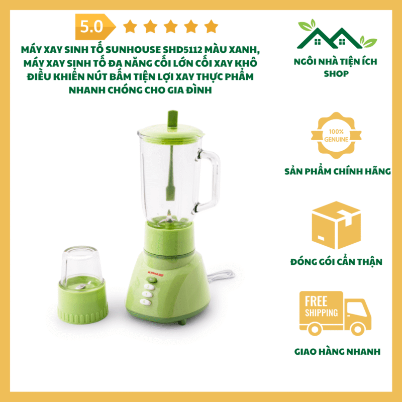 Máy Xay Sinh Tố Sunhouse SHD5112 Màu Xanh Cối Xay Lớn Cối Xay Khô Đa Năng Điều Khiển Nút Bấm Tiện Lợi Cho Gia Đình