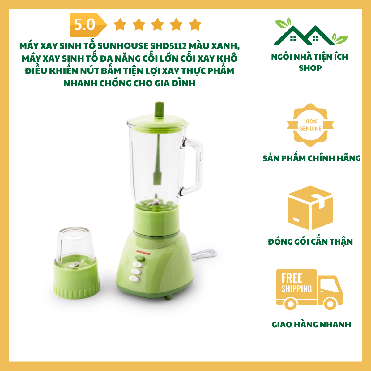 ngoinhatienich Máy Xay Sinh Tố Sunhouse SHD5112 Màu Xanh Cối Xay Lớn Cối Xay Khô Đa Năng Điều Khiển Nút Bấm Tiện Lợi Cho Gia Đình