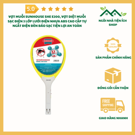 Vợt Muỗi Sunhouse SHE E200 Sạc Điện 3 Lớp Lưới Điện Thân Nhựa ABS Cao Cấp Tự Ngắt Điện Đèn Báo Sạc Tiện Lợi