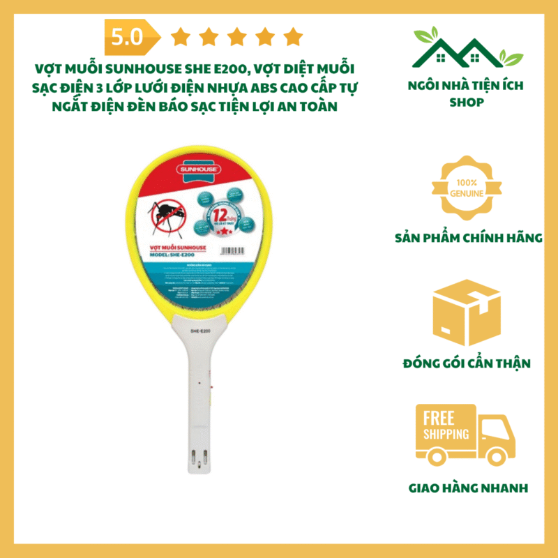 Vợt Muỗi Sunhouse SHE E200 Sạc Điện 3 Lớp Lưới Điện Thân Nhựa ABS Cao Cấp Tự Ngắt Điện Đèn Báo Sạc Tiện Lợi