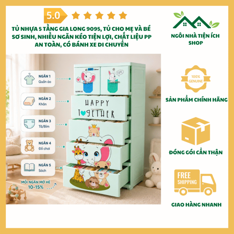 Tủ Nhựa 5 Tầng Gia Long, Tủ Cho Mẹ Và Bé Sơ Sinh 9095, Nhiều Ngăn Kéo Tiện Lợi, Chất Liệu PP An Toàn, Có Bánh Xe Di Chuyển