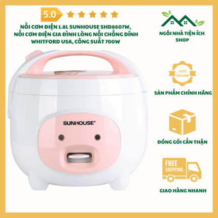 Nồi Cơm Điện 1.8L Sunhouse SHD8607W Lòng Nồi Chống Dính Whitford USA Công Suất 700W Kèm Xửng Hấp Tiện Lợi Cho Gia Đình