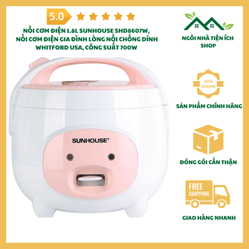 Nồi Cơm Điện 1.8L Sunhouse SHD8607W Lòng Nồi Chống Dính Whitford USA Công Suất 700W Kèm Xửng Hấp Tiện Lợi Cho Gia Đình