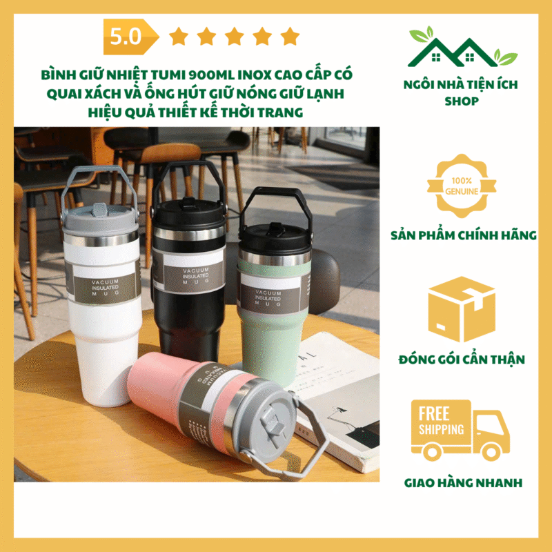 Bình Giữ Nhiệt TUMI 900ML Inox Cao Cấp Có Quai Xách Và Ống Hút Giữ Nóng Giữ Lạnh Hiệu Quả Thời Trang Tiện Lợi Cho Mọi Hoạt Động Hằng Ngày