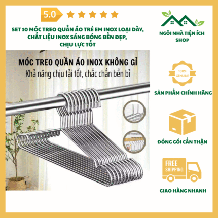 Set 10 Móc Treo Quần Áo Inox Loại Dày Chất Liệu Inox Sáng Bóng Bền Đẹp Chịu Lực Tốt Phù Hợp Treo Quần Áo Trẻ Em Áo Khoác Quần Jean Và Nhiều Loại Trang Phục Khác