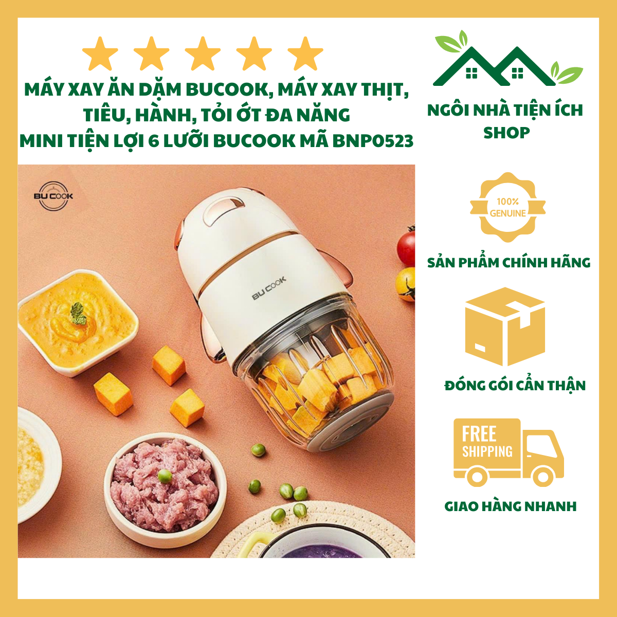 ngôi nhà tiện ích shop Máy Xay Bucook Mini Đồ Ăn Dặm Thực Phẩm 6 Lưỡi BNP052 Cối Thủy Tinh Borosilicate 300ml Động Cơ Lõi Đồng