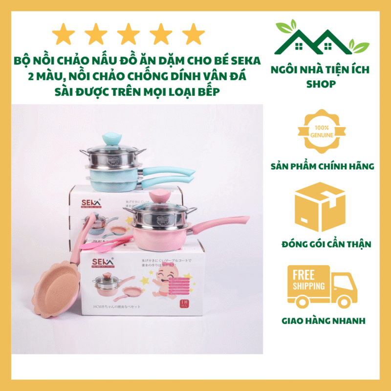 Bộ Nồi Chảo Đá Nấu Ăn Dặm Seka Cho Bé Chống Dính 8 Lớp Kèm Xửng Hấp Inox Và Thìa Silicon