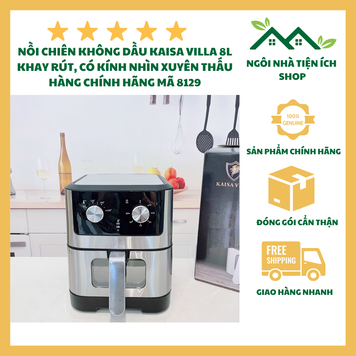ngôi nhà tiện ích shop Nồi Chiên Không Dầu Kaisa Villa 8129 Dung Tích 8L Công Suất 1500W Nướng Gà Nguyên Con 3Kg Điều Khiển Cơ Chống Dính Cao Cấp