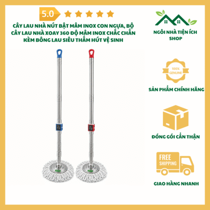 Cây Lau Nhà Nút Bật Mâm Inox Con Ngựa Đầu Xoay 360 Độ Thân Inox Chắc Chắn Kèm Bông Lau Siêu Thấm Hút