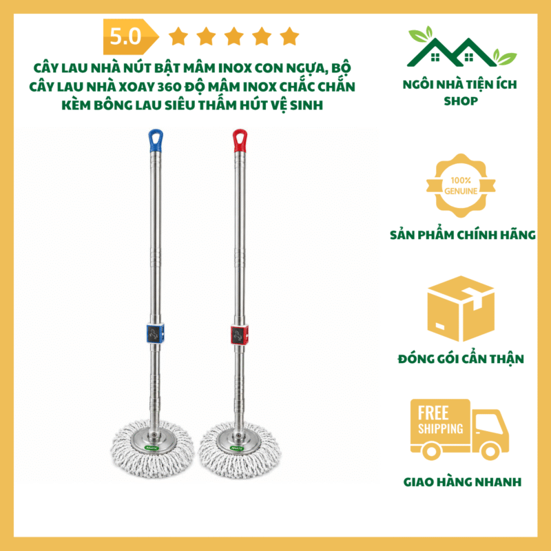 Cây Lau Nhà Nút Bật Mâm Inox Con Ngựa Đầu Xoay 360 Độ Thân Inox Chắc Chắn Kèm Bông Lau Siêu Thấm Hút