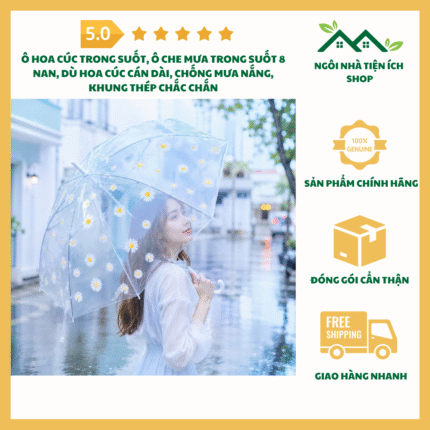 Ô Hoa Cúc Trong Suốt Ô Che Mưa Trong Suốt 8 Nan Dù Hoa Cúc Cán Dài Khung Thép Chắc Chắn Che Mưa Nắng Thời Trang