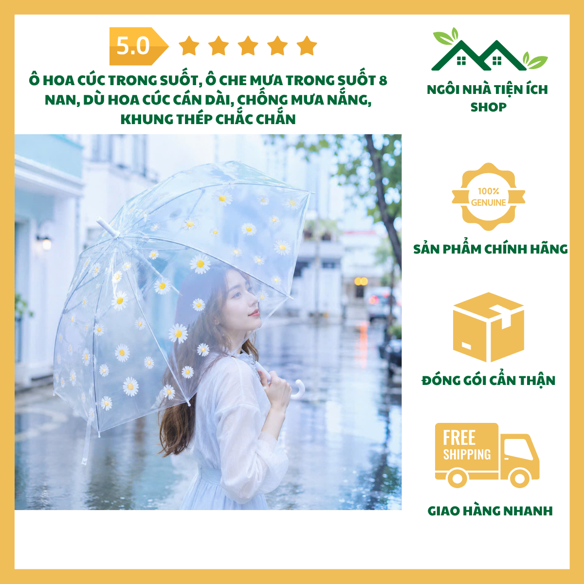 ngoinhatienich Ô Hoa Cúc Trong Suốt Ô Che Mưa Trong Suốt 8 Nan Dù Hoa Cúc Cán Dài Khung Thép Chắc Chắn Che Mưa Nắng Thời Trang