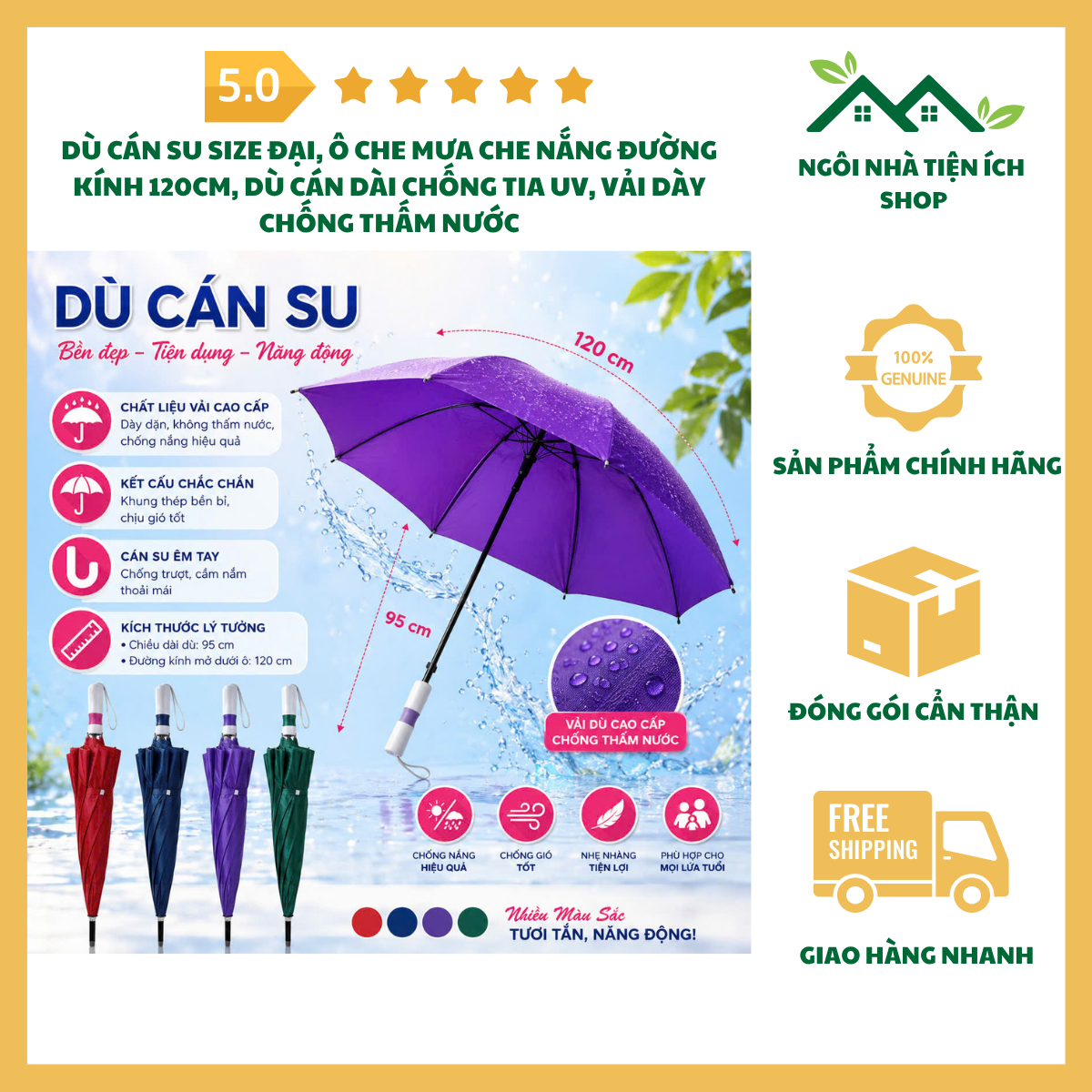 ngoinhatienich Dù Cán Su Size Đại Ô Che Mưa Che Nắng Đường Kính 120cm Dù Cán Dài Chống Tia UV Vải Dày Chống Thấm Nước