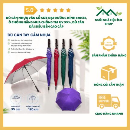 Dù Cán Nhựa Vân Gỗ Size Đại Đường Kính 120cm Ô Chống Nắng Mưa Chống Tia UV 99 Phần Trăm Dù Cán Dài Cao Cấp Khung Thép Chắc Chắn