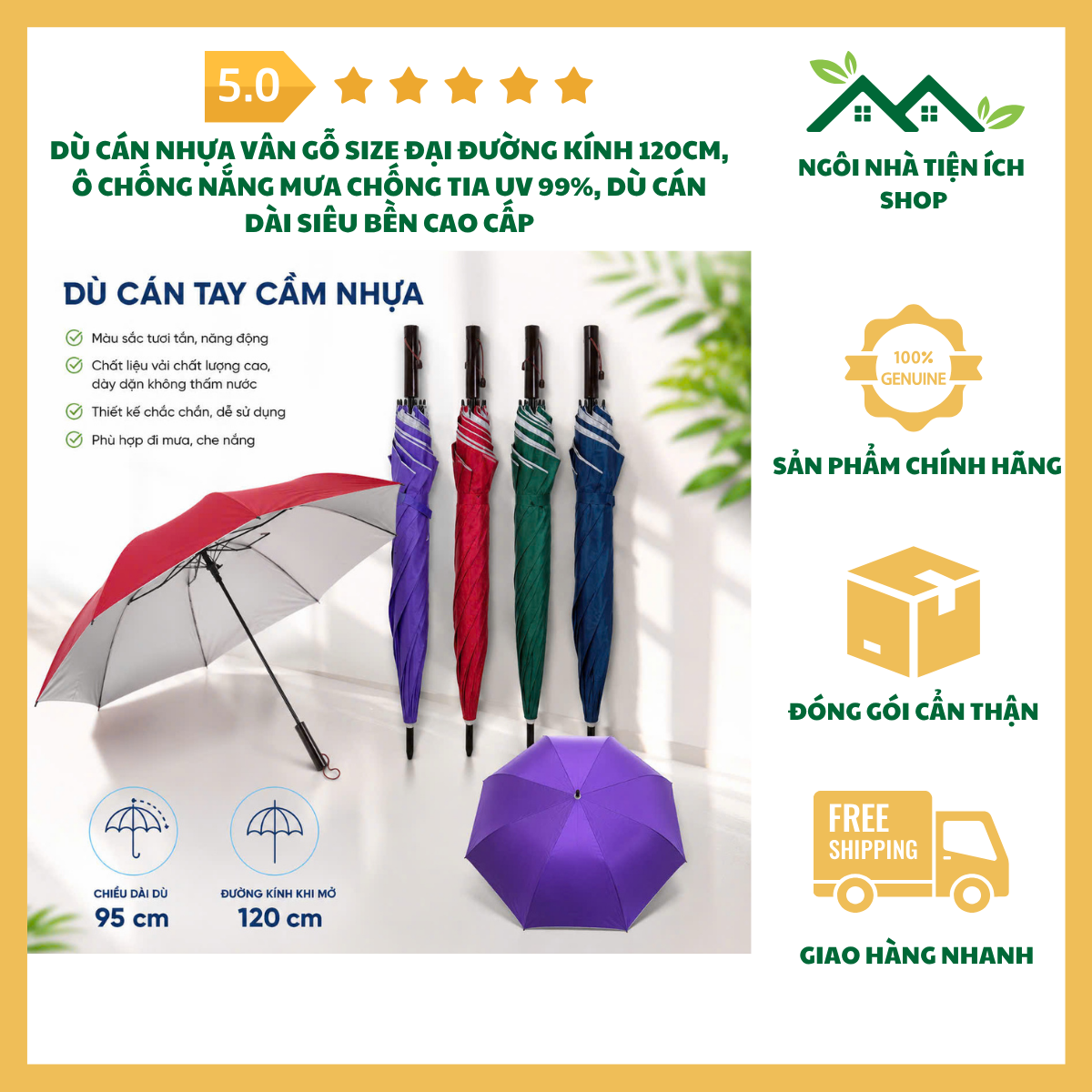 ngoinhatienich Dù Cán Nhựa Vân Gỗ Size Đại Đường Kính 120cm Ô Chống Nắng Mưa Chống Tia UV 99 Phần Trăm Dù Cán Dài Cao Cấp Khung Thép Chắc Chắn