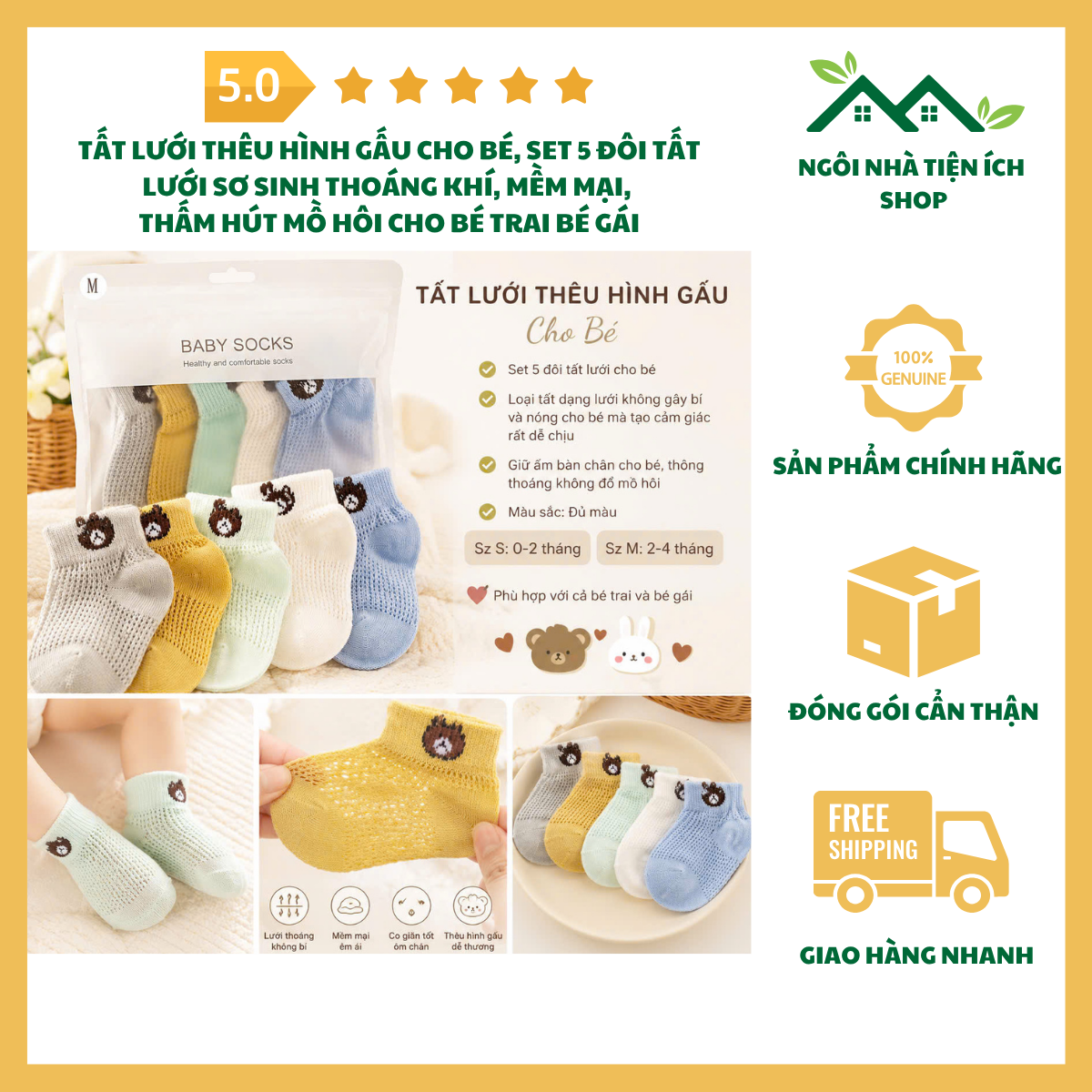 ngoinhatienich Tất Lưới Thêu Hình Gấu Cho Bé Set 5 Đôi Tất Lưới Sơ Sinh Thoáng Khí Mềm Mại Giữ Ấm Bàn Chân Cho Bé Trai Bé Gái
