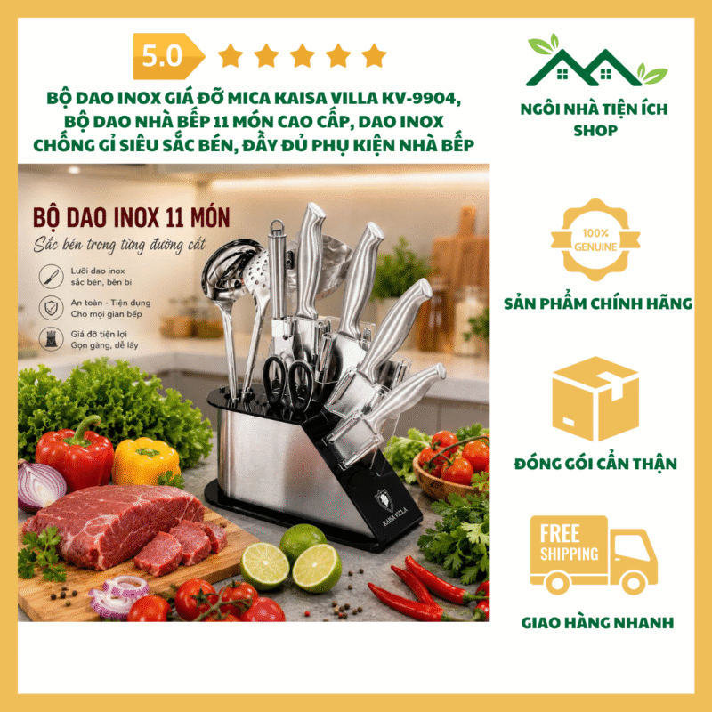 Bộ Dao Inox Giá Đỡ Mica Kaisa Villa KV-9904 Bộ Dao Nhà Bếp 11 Món Cao Cấp Dao Inox Chống Gỉ Siêu Sắc Bén Giá Đỡ Mica Hiện Đại