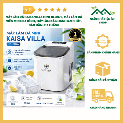 Máy Làm Đá Kaisa Villa Mini JD-8076 làm đá nhanh chỉ 6-9 phút, công suất 105W, 2 kích thước đá viên, cảm biến thông minh, thép không gỉ, bảo hành 12 tháng.