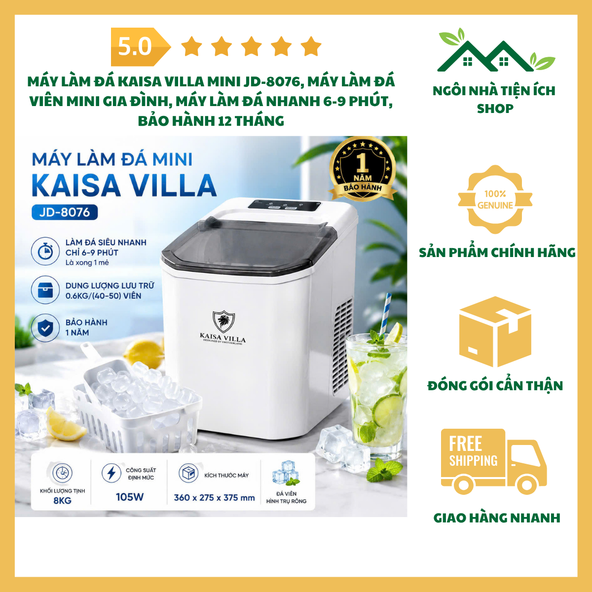 ngoinhatienich Máy Làm Đá Kaisa Villa Mini JD-8076 làm đá nhanh chỉ 6-9 phút, công suất 105W, 2 kích thước đá viên, cảm biến thông minh, thép không gỉ, bảo hành 12 tháng.