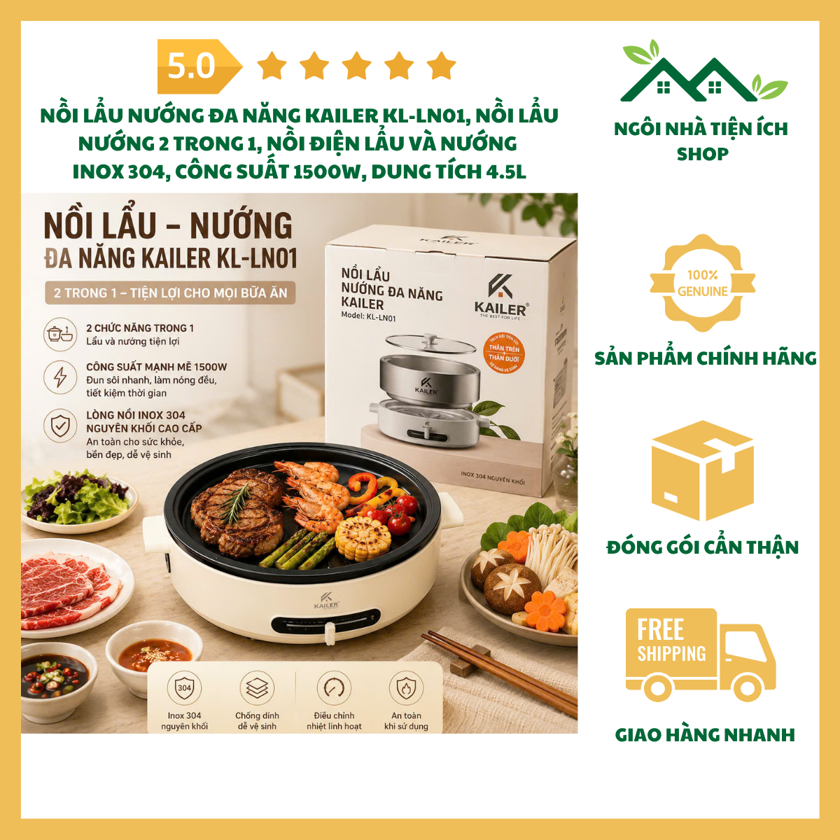 ngoinhatienich Nồi Lẩu Nướng Đa Năng Kailer KL-LN01 Nồi Lẩu Nướng 2 Trong 1 Nồi Điện Inox 304 Dung Tích 4.5L Công Suất 1500W Bảo Hành 12 Tháng