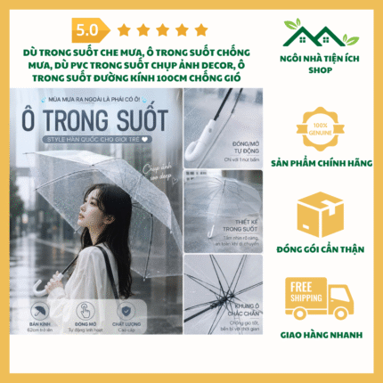 Dù Trong Suốt Che Mưa Ô Trong Suốt PVC Đường Kính 100cm Chống Gió Chống Thấm Nước Chụp Ảnh Decor Trang Trí Đẹp Tiện Lợi