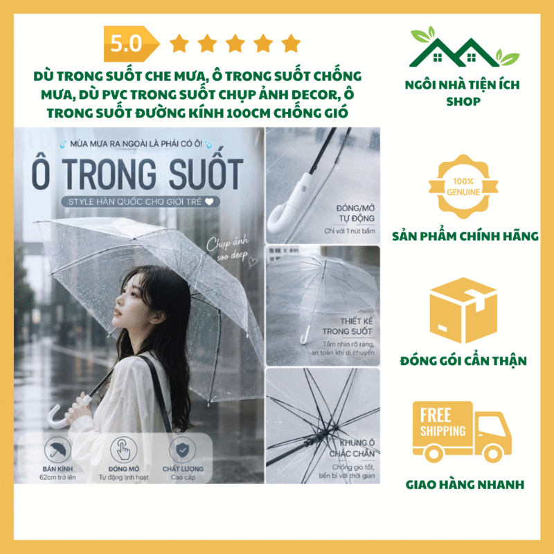 Dù Trong Suốt Che Mưa Ô Trong Suốt PVC Đường Kính 100cm Chống Gió Chống Thấm Nước Chụp Ảnh Decor Trang Trí Đẹp Tiện Lợi