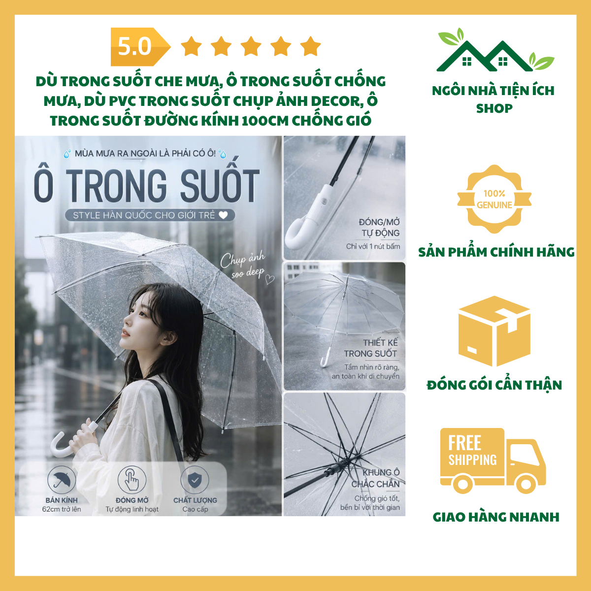 ngoinhatienich Dù Trong Suốt Che Mưa Ô Trong Suốt PVC Đường Kính 100cm Chống Gió Chống Thấm Nước Chụp Ảnh Decor Trang Trí Đẹp Tiện Lợi