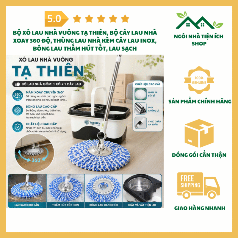 Bộ Xô Lau Nhà Vuông Tạ Thiên Bộ Cây Lau Nhà Xoay 360 Độ Thùng Lau Nhà Kèm Cây Lau Inox Bông Lau Microfiber Thấm Hút Tốt Lau Sạch Mọi Góc Khuất