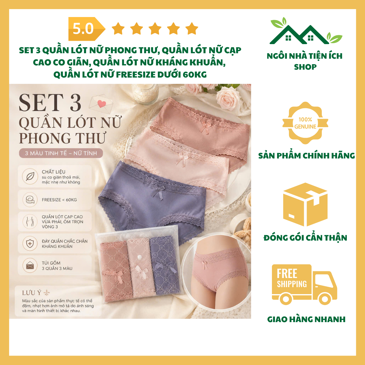 ngoinhatienich Set 3 Quần Lót Nữ Phong Thư Quần Lót Nữ Cạp Cao Co Giãn Đáy Kháng Khuẩn Freesize Dưới 60kg Mềm Mại Thoải Mái Hằng Ngày