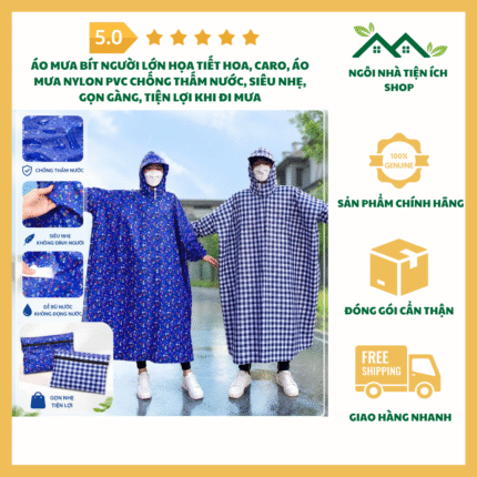 Áo Mưa Bít Người Lớn Họa Tiết Hoa Caro Áo Mưa Nylon PVC Chống Thấm Nước Siêu Nhẹ Gọn Gàng Tiện Lợi Đi Xe Máy