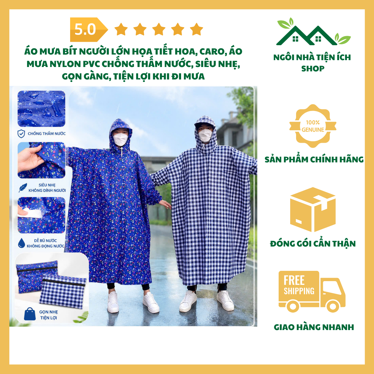 ngoinhatienich Áo Mưa Bít Người Lớn Họa Tiết Hoa Caro Áo Mưa Nylon PVC Chống Thấm Nước Siêu Nhẹ Gọn Gàng Tiện Lợi Đi Xe Máy